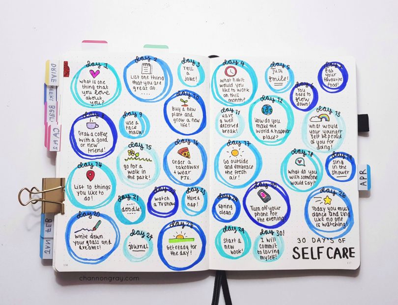 Self-care doesn't have to cost money, be glamorous or worth over-sharing with the world. It's about learning what makes you happy. Most importantly, self-care is when you enable yourself to be the person you've always wanted to be. A bullet journal can be a great self-care tool to improve your mental wellbeing // heythereChannon - www.channongray.com #bulletjournal #selfcare #productivity #wellbeing #stationery