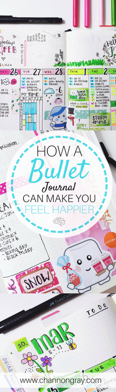 Finding happiness in creativity can help improve your mental health and well-being dramatically. Bullet Journalling is the creative key to feeling happier. It can reduce stress, anxiety and alleviate depression. Bullet Journalling can be simple or as creative as you want it to be. It is a place to track habits, weight-loss, gratitude, goals, etc. // heythereChannon - www.channongray.com #bulletjournal #mentalhealth #findinghappiness